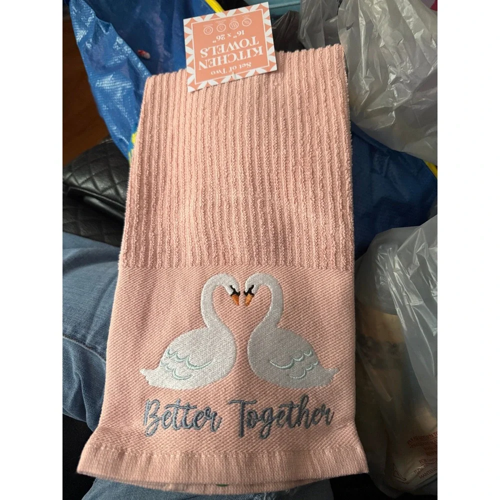 Set of 2 Pink Swan Better Together Embroidered Cotton Kitchen Towels 16x26